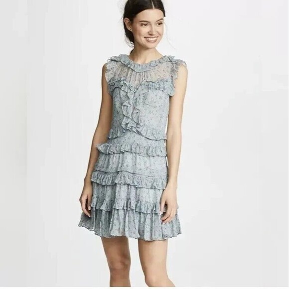 Rebecca Taylor Sleeveless Silk Chiffon Ruffle Tier Dress Size 4 Vine Floral Blue - Picture 1 of 11